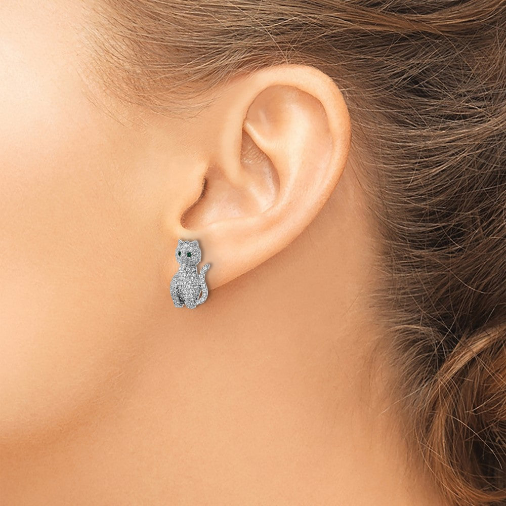 Sterling Silver Rhodium-Plated Polished Green & White Cz Cat Post Earrings