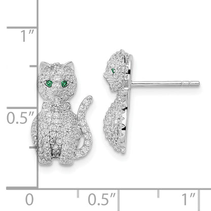 Sterling Silver Rhodium-Plated Polished Green & White Cz Cat Post Earrings