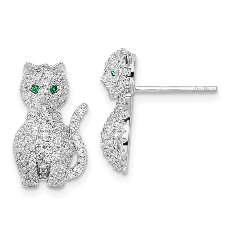 Sterling Silver Rhodium-Plated Polished Green & White Cz Cat Post Earrings