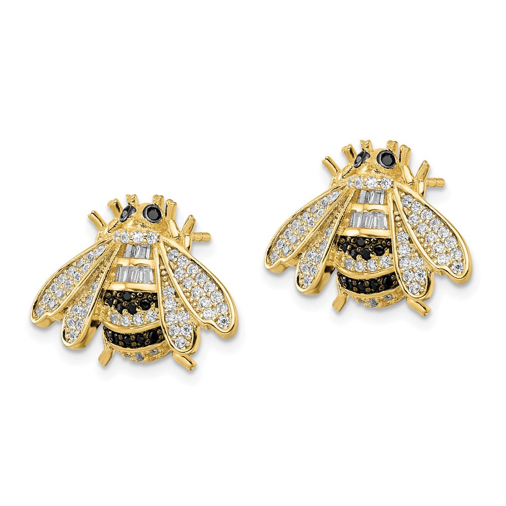 Sterling Silver Blk/White Rh-Plated Gold Tone Cz Bumblebee Post Earrings