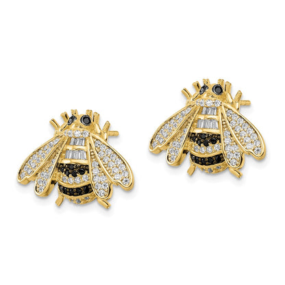 Sterling Silver Blk/White Rh-Plated Gold Tone Cz Bumblebee Post Earrings