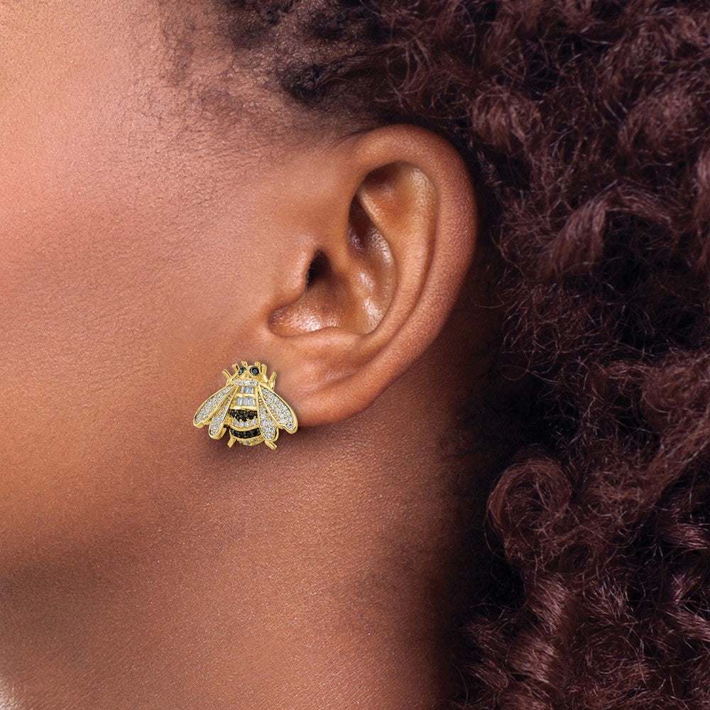 Sterling Silver Blk/White Rh-Plated Gold Tone Cz Bumblebee Post Earrings