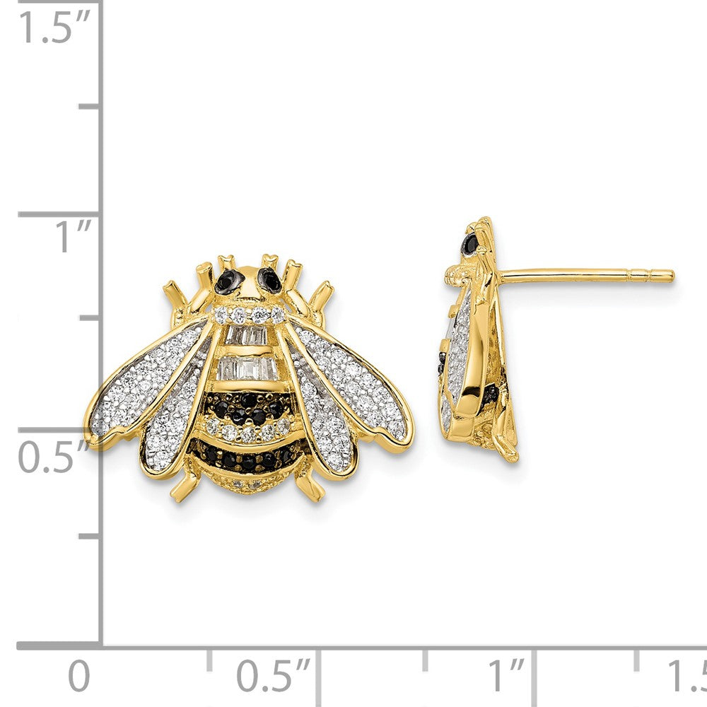 Sterling Silver Blk/White Rh-Plated Gold Tone Cz Bumblebee Post Earrings