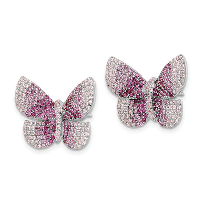 Sterling Silver Rhodium-Plated Polished Pink Cz Butterfly Post Earrings