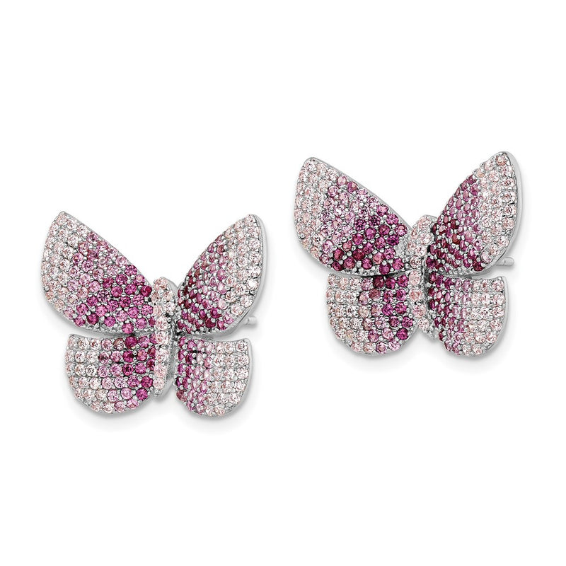 Sterling Silver Rhodium-Plated Polished Pink Cz Butterfly Post Earrings