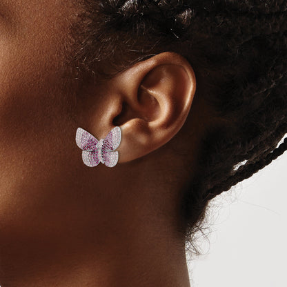 Sterling Silver Rhodium-Plated Polished Pink Cz Butterfly Post Earrings