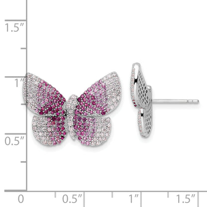 Sterling Silver Rhodium-Plated Polished Pink Cz Butterfly Post Earrings