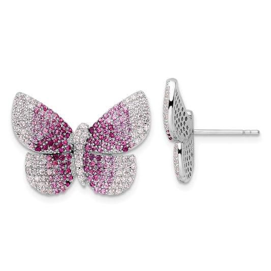Sterling Silver Rhodium-Plated Polished Pink Cz Butterfly Post Earrings