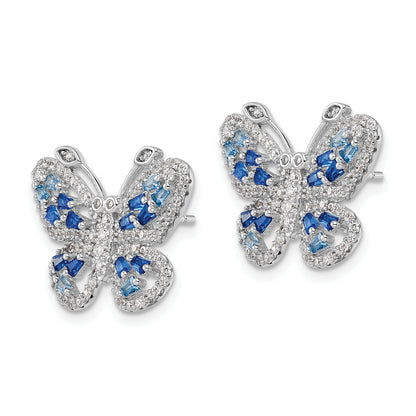 Sterling Silver Rhodium-Plated Polished Light And Dark Blue Cz With Clear Butterfly Post Earrings