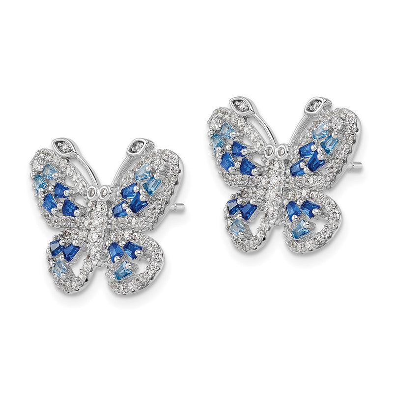 Sterling Silver Rhodium-Plated Polished Light And Dark Blue Cz With Clear Butterfly Post Earrings