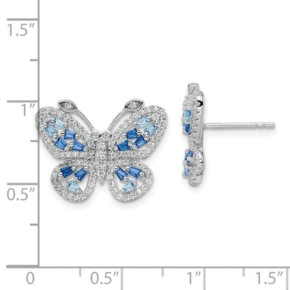 Sterling Silver Rhodium-Plated Polished Light And Dark Blue Cz With Clear Butterfly Post Earrings