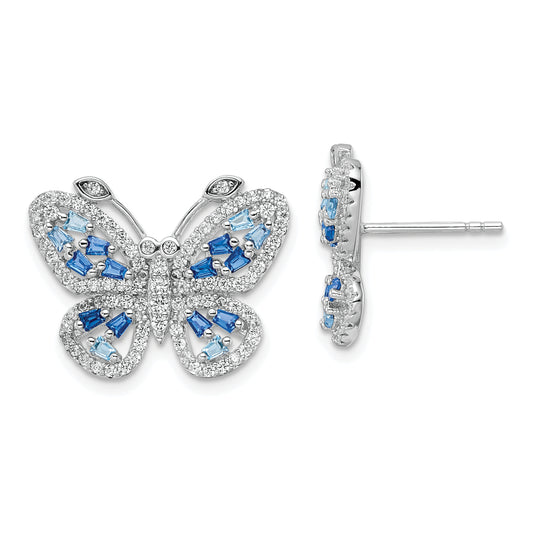 Sterling Silver Rhodium-Plated Polished Light And Dark Blue Cz With Clear Butterfly Post Earrings