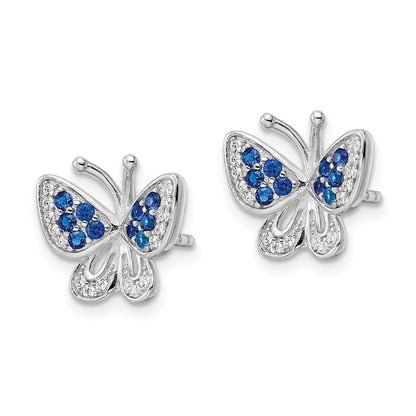 Sterling Silver Rhodium-Plated Blue & White Cz Butterfly Post Earrings