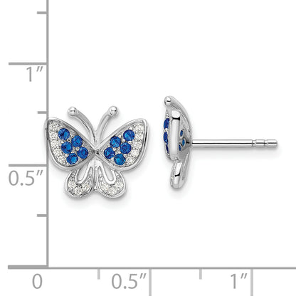 Sterling Silver Rhodium-Plated Blue & White Cz Butterfly Post Earrings