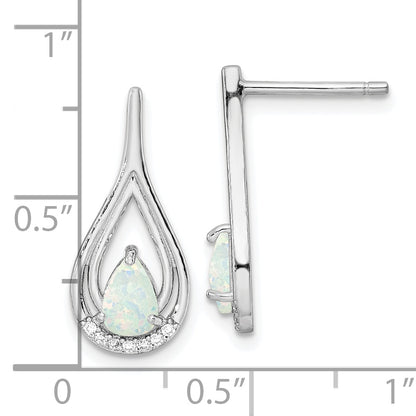 Sterling Silver Rh-Plated Pear Shape White Created Opal Cz Post Earrings
