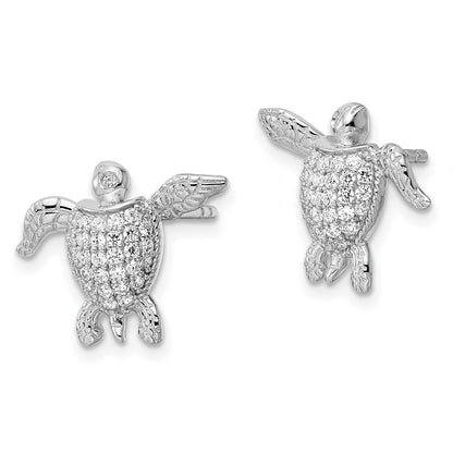Sterling Silver Rhodium-Plated Cz Sea Turtle Post Earrings