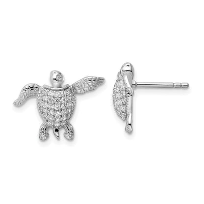 Sterling Silver Rhodium-Plated Cz Sea Turtle Post Earrings