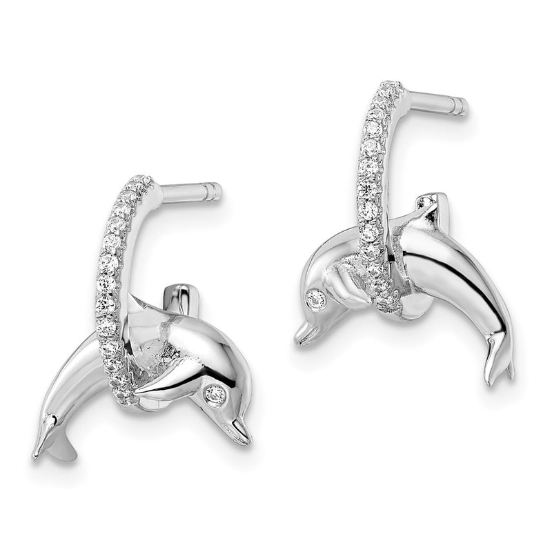 Sterling Silver Rhodium-Plated Cz Dolphin Post Earrings