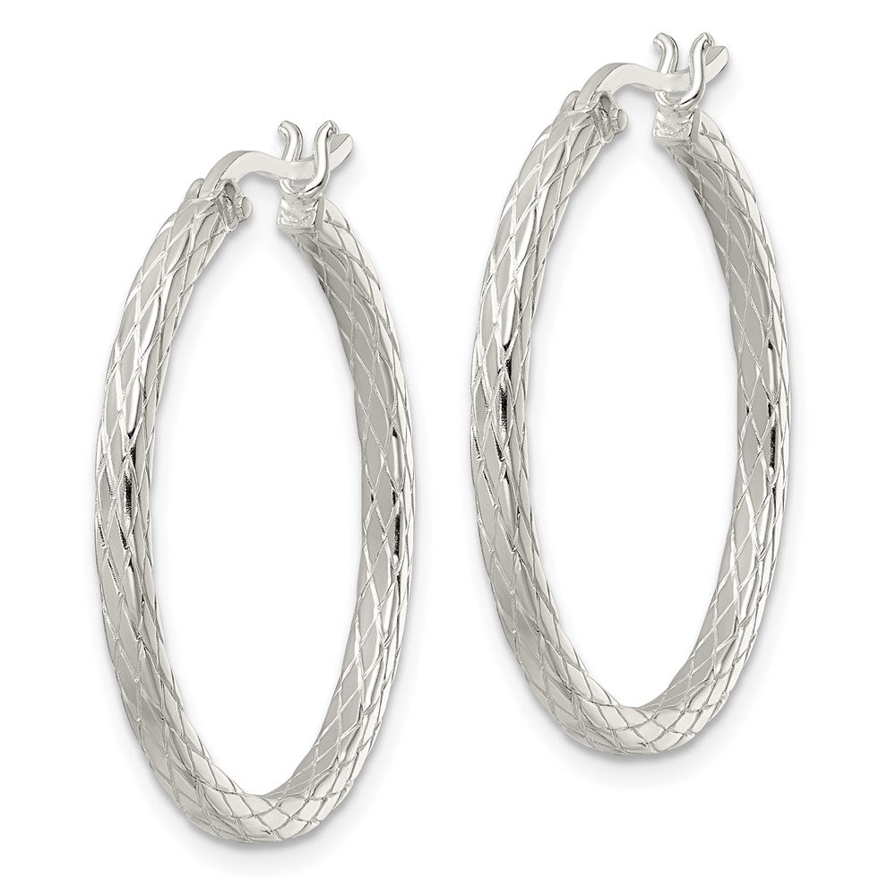 Sterling Silver Rhodium-Plated Diamond Pattern Hoop Earrings