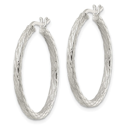 Sterling Silver Rhodium-Plated Diamond Pattern Hoop Earrings