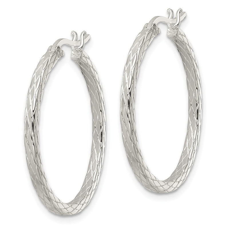 Sterling Silver Rhodium-Plated Diamond Pattern Hoop Earrings