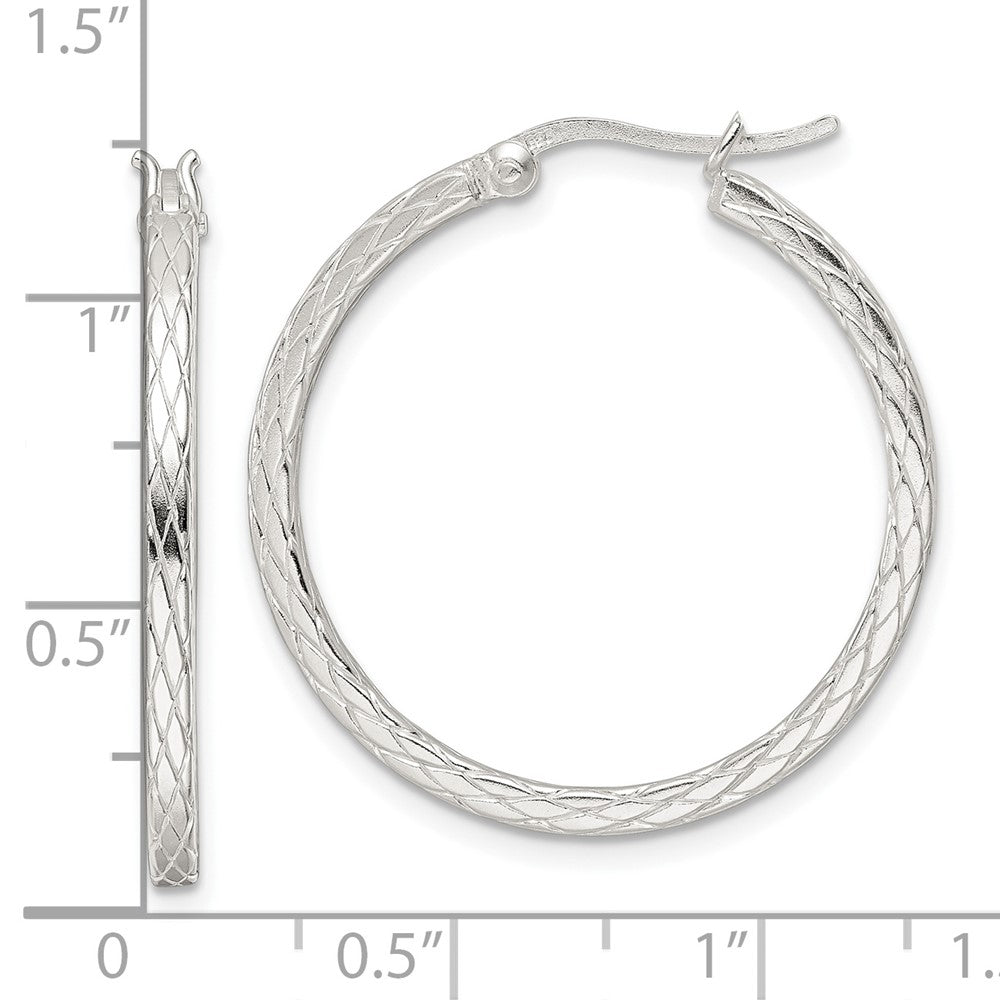 Sterling Silver Rhodium-Plated Diamond Pattern Hoop Earrings
