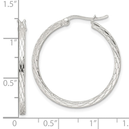 Sterling Silver Rhodium-Plated Diamond Pattern Hoop Earrings