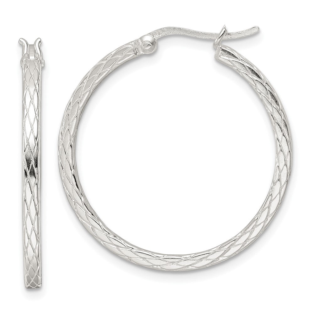 Sterling Silver Rhodium-Plated Diamond Pattern Hoop Earrings