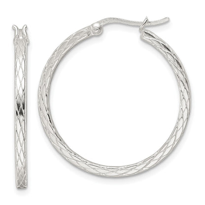 Sterling Silver Rhodium-Plated Diamond Pattern Hoop Earrings