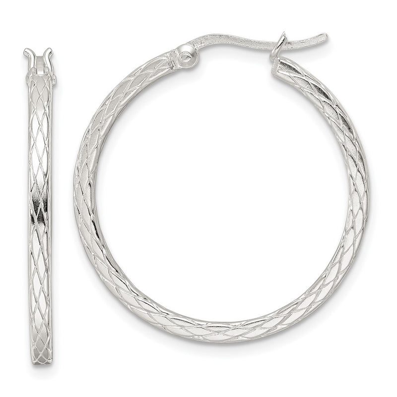 Sterling Silver Rhodium-Plated Diamond Pattern Hoop Earrings