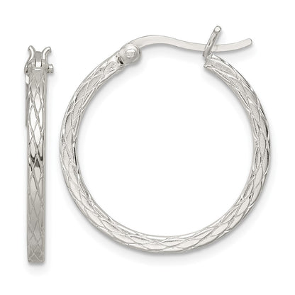 Sterling Silver Rhodium-Plated Diamond Pattern Hoop Earrings