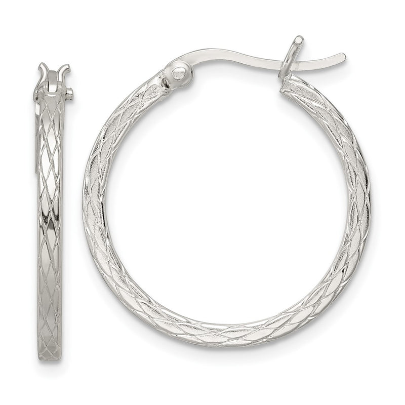 Sterling Silver Rhodium-Plated Diamond Pattern Hoop Earrings