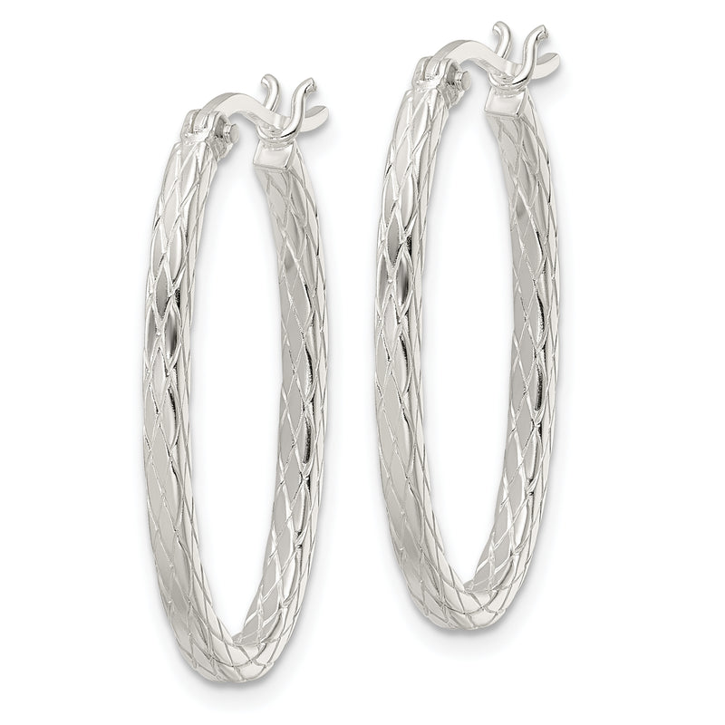 Sterling Silver Diamond Pattern Oval Hoop Earrings