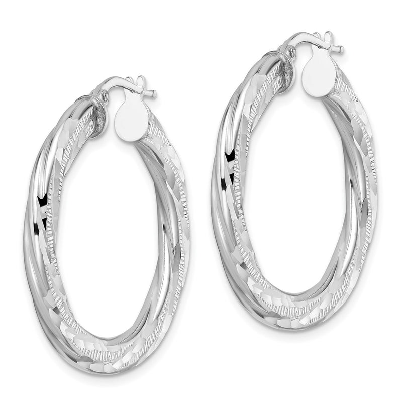 Sterling Silver Rhodium-Plated 3X33mm D/C Twisted Tube Hoop Earrings