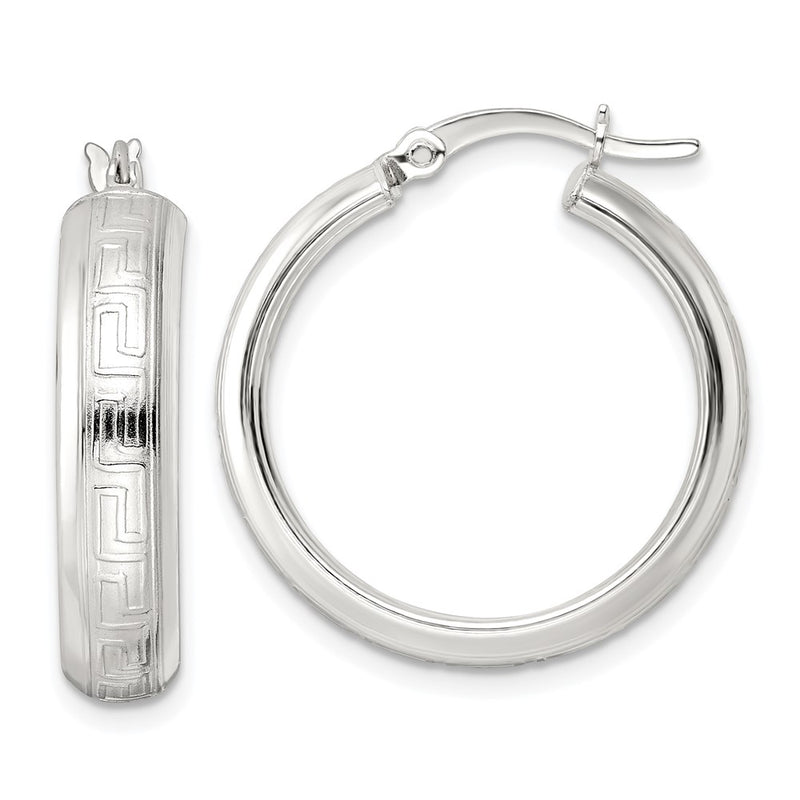 Sterling Silver Polished Greek Key Circle Hoop Earrings