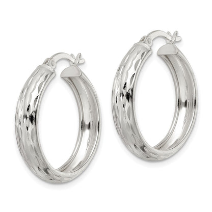 Sterling Silver Polished Diamond-Cut 5X25mm Hoop Earrings