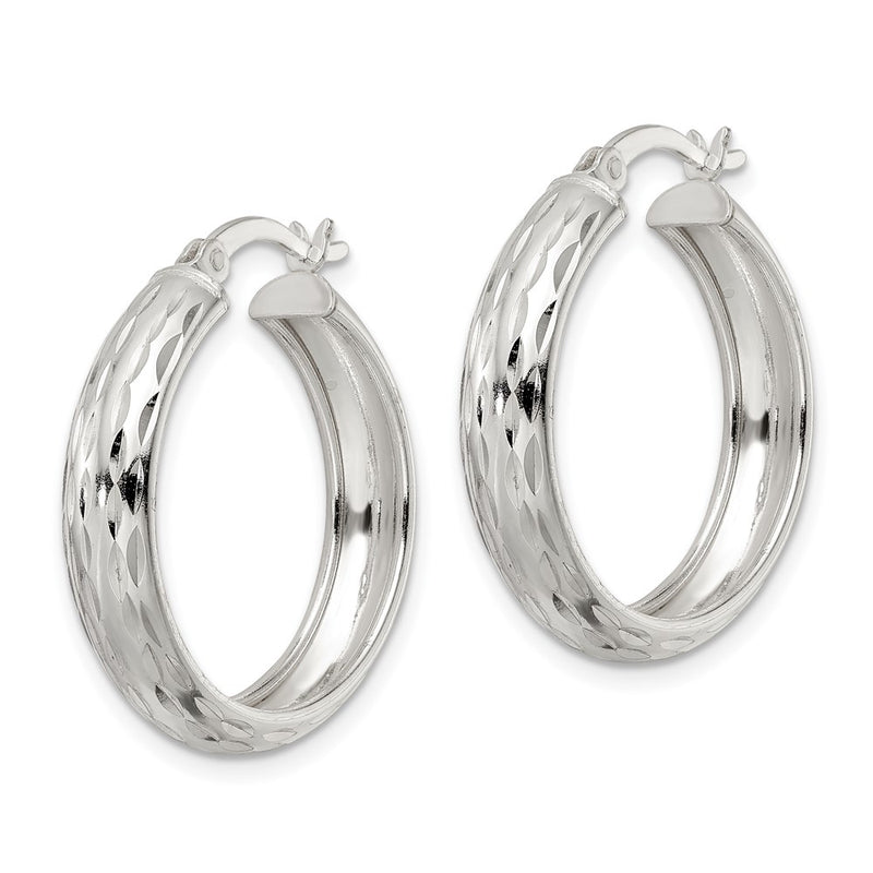 Sterling Silver Polished Diamond-Cut 5X25mm Hoop Earrings