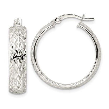 Sterling Silver Diamond-Cut 6X25mm Hoop Earrings