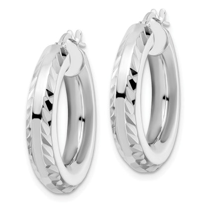Sterling Silver Rhodium-Plated 5X24mm D/C Octagon Tube Hoop Earrings