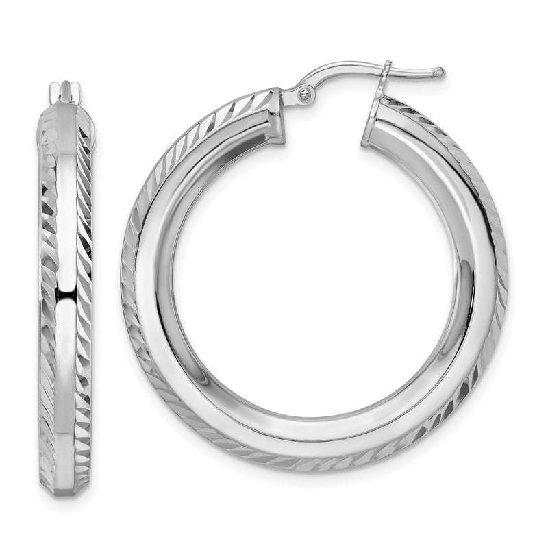 Sterling Silver Rhodium-Plated 5X34mm D/C Octagon Tube Hoop Earrings