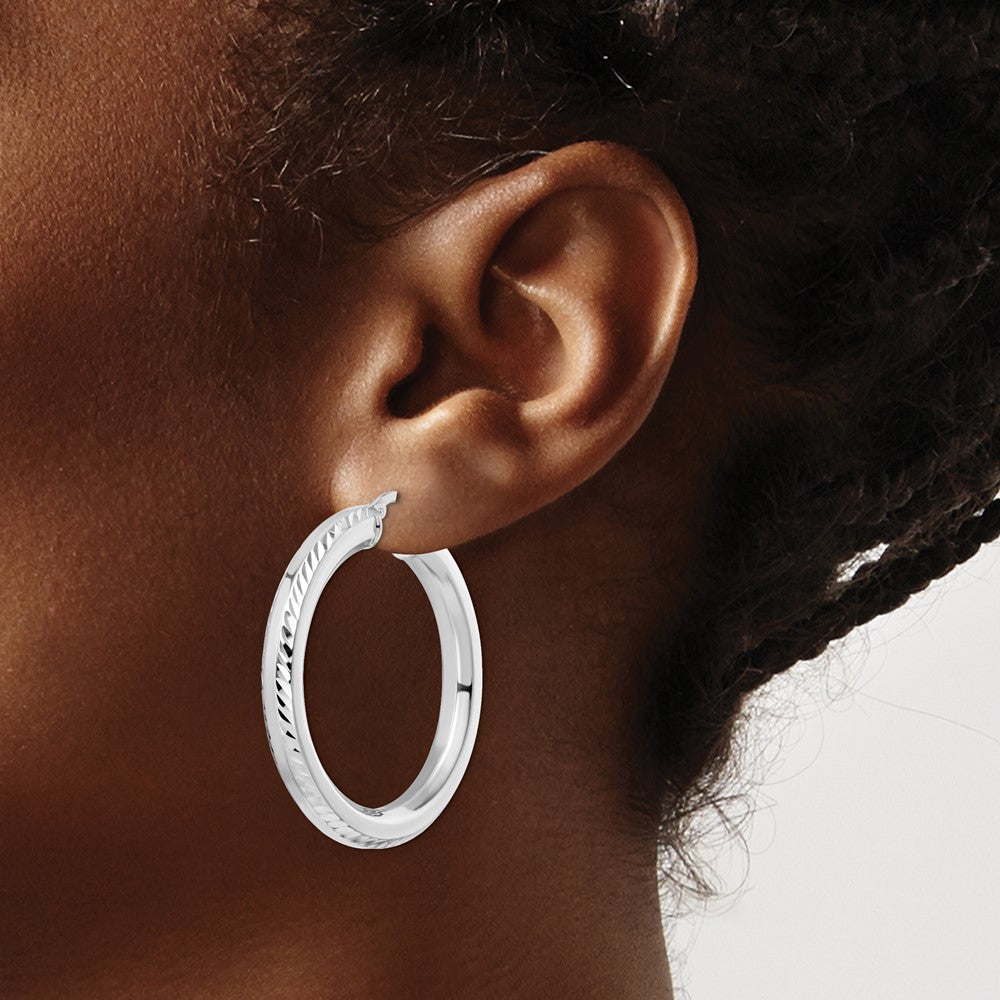 Sterling Silver Rhodium-Plated 5X38mm D/C Octagon Tube Hoop Earrings