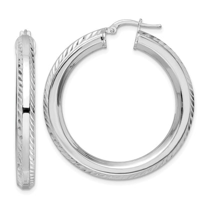 Sterling Silver Rhodium-Plated 5X38mm D/C Octagon Tube Hoop Earrings