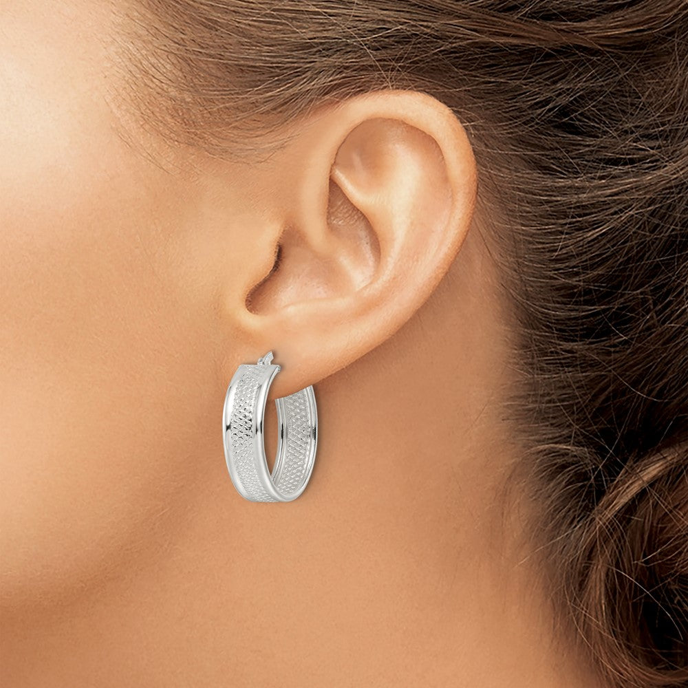 Sterling Silver Polished Textured 7.5X25mm Hoop Earrings