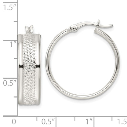 Sterling Silver Polished Textured 7.5X25mm Hoop Earrings