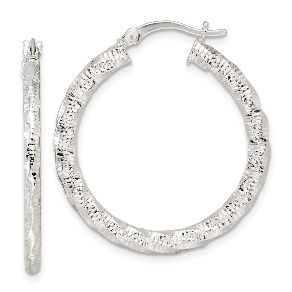 Sterling Silver Polished And Textured Twisted Hoop Earrings
