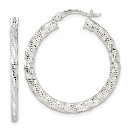 Sterling Silver Polished And Textured Twisted Hoop Earrings