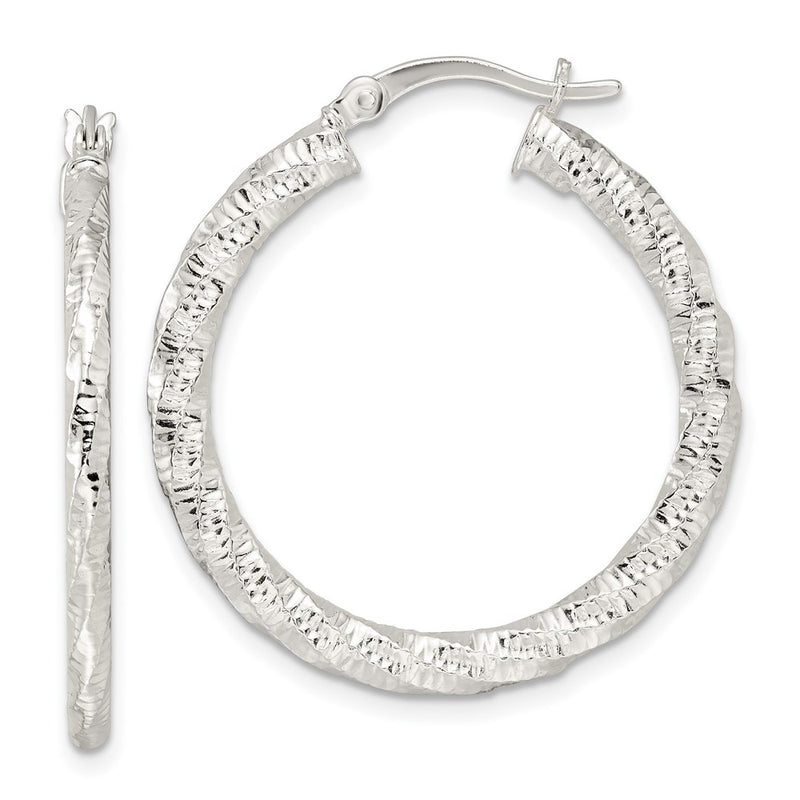Sterling Silver Polished And Textured Twisted Hoop Earrings