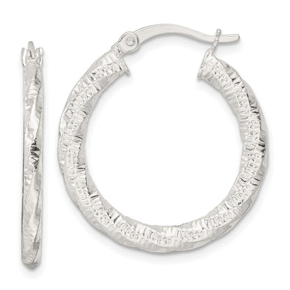 Sterling Silver Polished And Textured Twisted Hoop Earrings