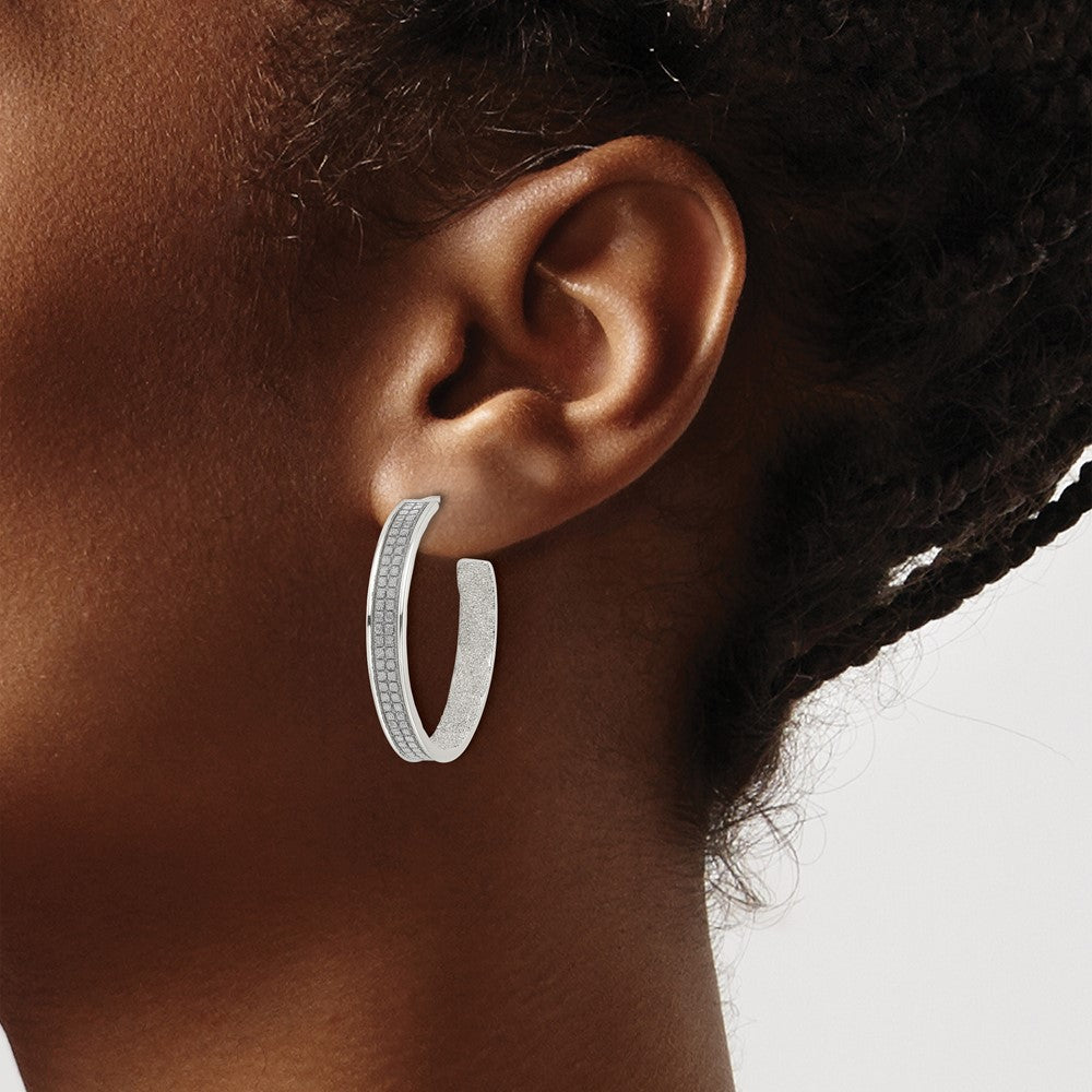 Sterling Silver 4.5X30mm Fabric Glitter Hoop Post Earrings