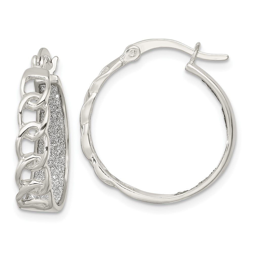 Sterling Silver Polished Fabric Glitter Hoop & Links Round Earrings